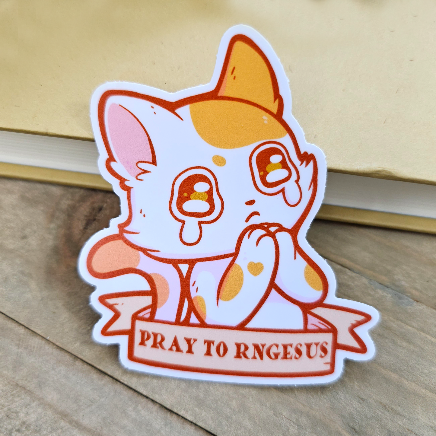 Pray to RNGESUS White Cat Vinyl Sticker