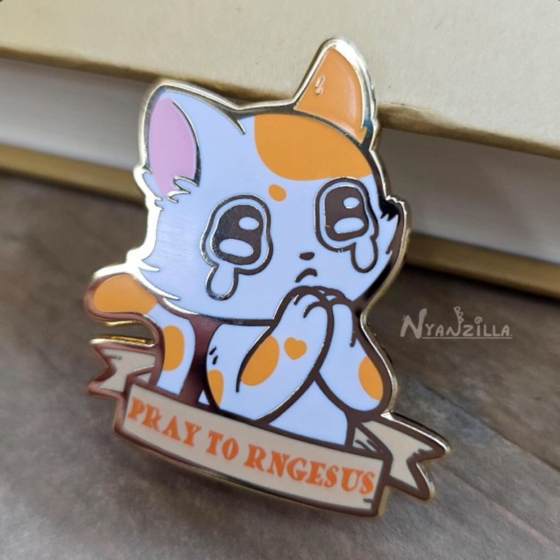Pray to RNGESUS White Cat Enamel Pin