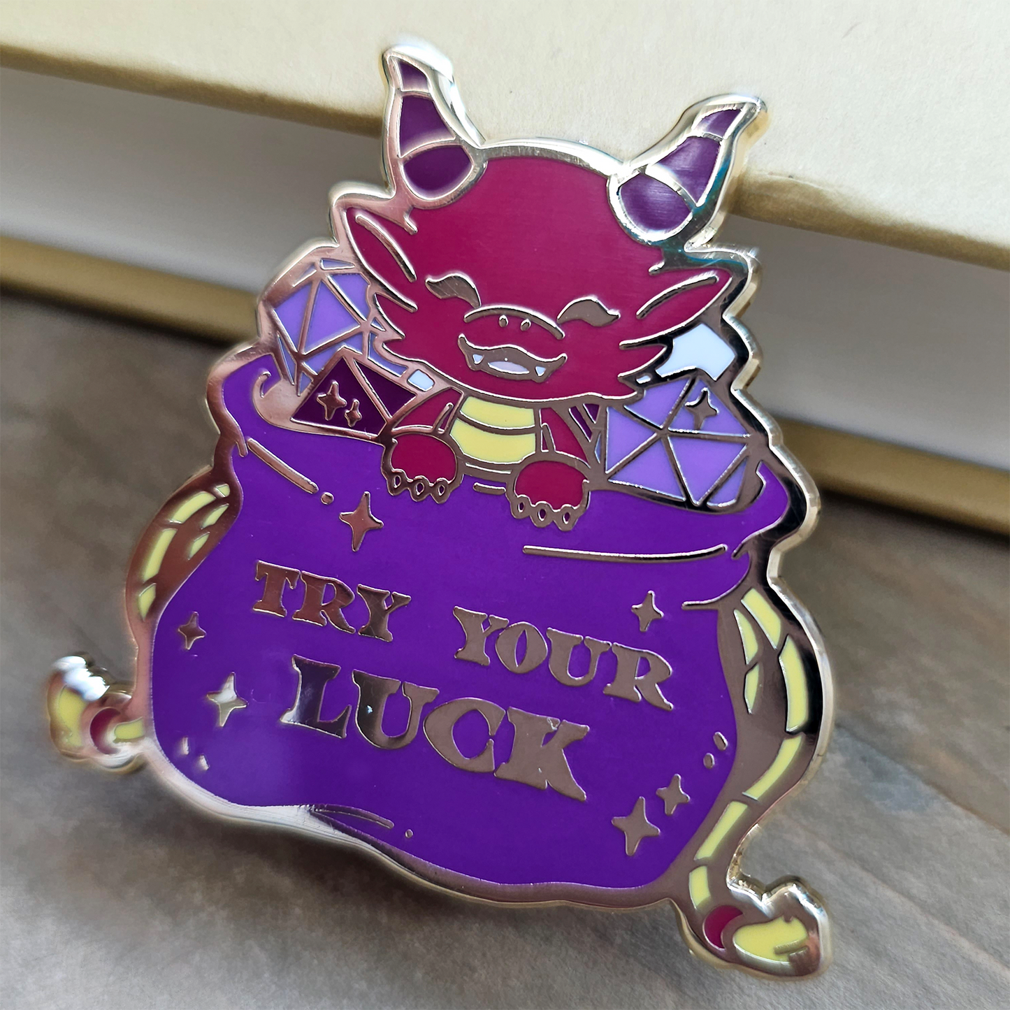 Purple Dragon in Dice Bag Enamel Pin
