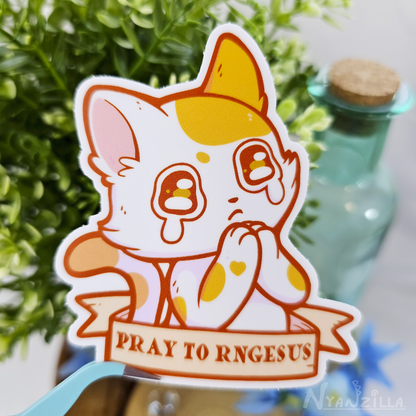 Pray to RNGESUS White Cat Vinyl Sticker
