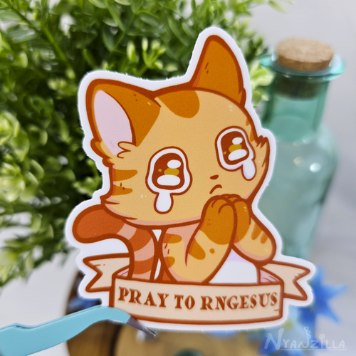 Pray to RNGESUS Orange Cat Vinyl Sticker